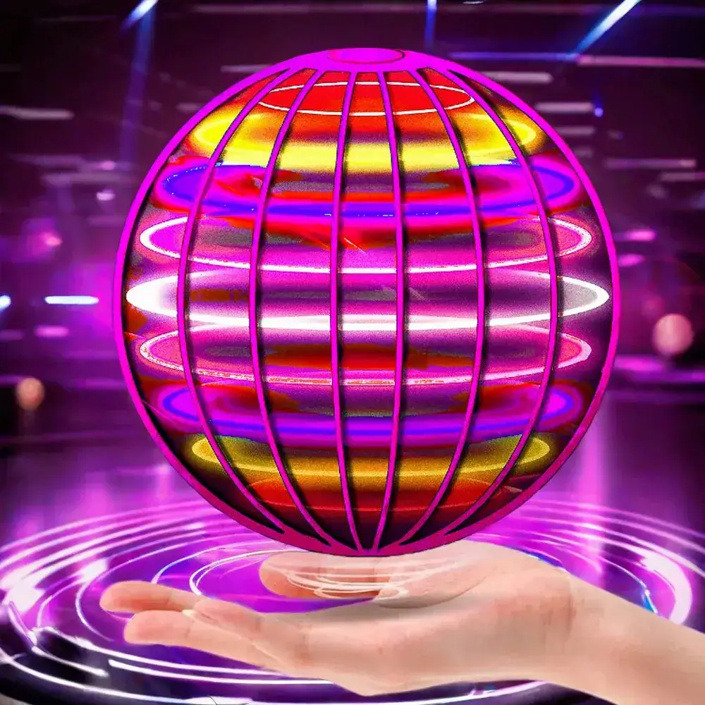 Immagine di una sfera luminosa futuristica con linee colorate neon, che sembra fluttuare sopra una mano, in un ambiente tecnologico e moderno.