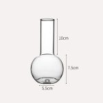 Vaso di laboratorio in vetro trasparente con collo lungo, altezza 10 cm, diametro base 5,5 cm, perfetto per esperimenti scientifici e decorazioni a tema scientifico.