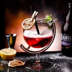 Cocktail rosso decorato con agrumi e menta, in bicchiere di design scientifico, perfetto per decorazioni e oggetti scientifici.