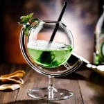Cocktail scientifico in bicchiere con liquido verde e cannuccia, decorato con foglie di menta, su tavolo di legno.