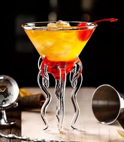 Vassoio da cocktail con decorazioni scientifiche in vetro, perfetto per ambienti di bar o eventi a tema scientifico, con un design innovativo e originale.