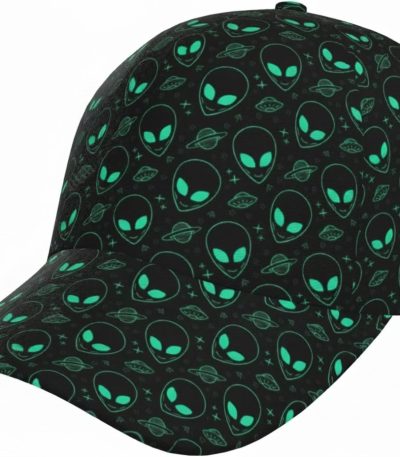 Cappellino nero con stampa di alieni e pianeti fluorescenti in verde acqua, perfetto per appassionati di scienza e spazio.