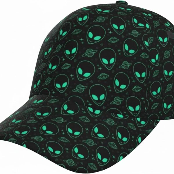 Cappellino nero con stampa di alieni e pianeti fluorescenti in verde acqua, perfetto per appassionati di scienza e spazio.