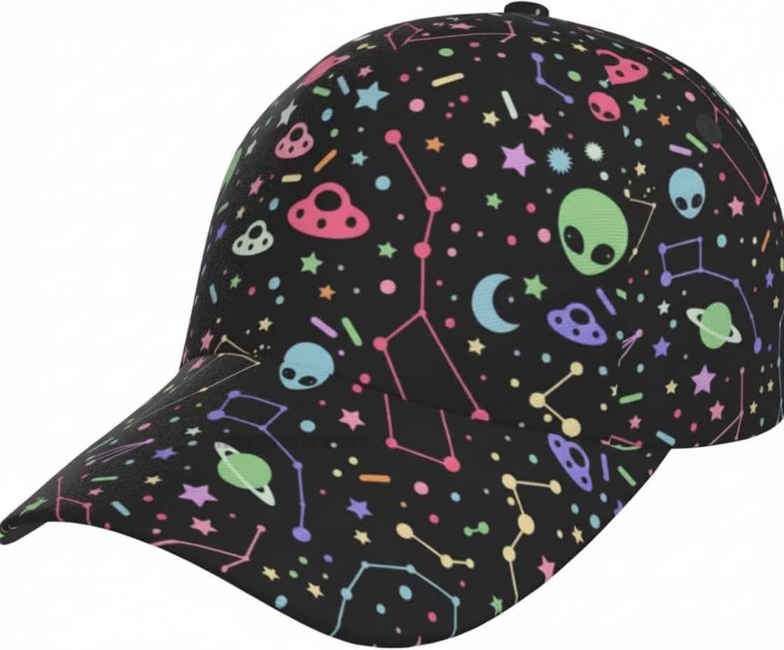 Pallina da baseball con motivo galattico colorato Cappellino da baseball con stampa di galassie, pianeti, stelle e alieni in colori vivaci su sfondo nero, perfetto per gli appassionati di astronomia e decorazioni scientifiche.