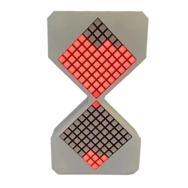 Orologio a Sabbia luminoso con quadranti LED rossi e neri, design moderno e innovativo, perfetto come decorazione scientifica e oggetto di interesse per appassionati di scienza.
