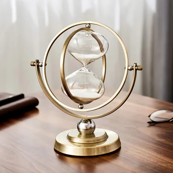 Orologio a Sabbia scientifico in metallo dorato con struttura orbitale, perfetto come decorazione da scrivania o oggetto di design ispirato alla scienza.