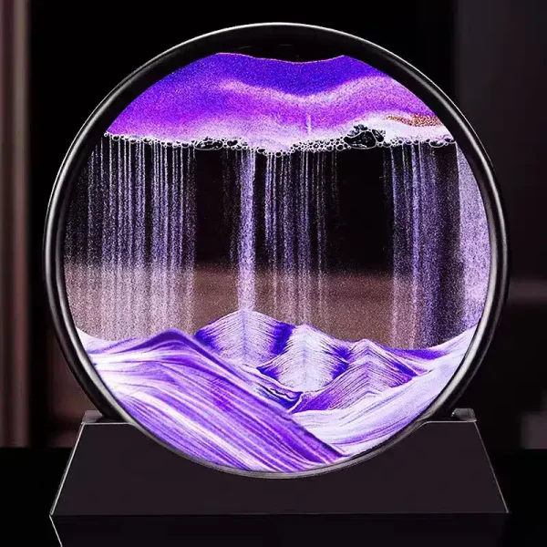 Vassoio di cristallo con paesaggio montano illuminato, decorazione scientifica con effetti di luce viola e bianca, perfetto come oggetto decorativo originale e innovativo.