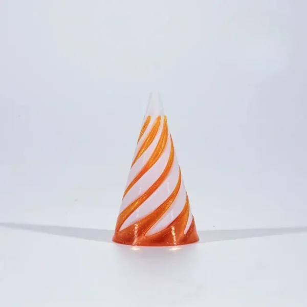 Pallina di vetro decorativa con motivo a spirale arancione e bianco, perfetta come oggetto scientifico o decorativo.