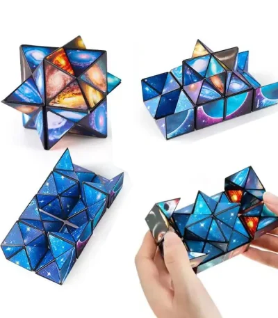 Puzzle 3D stellare e galattico con forme geometriche e immagini di spazio, perfetto come decorazione scientifica e oggetto di gioco educativo.