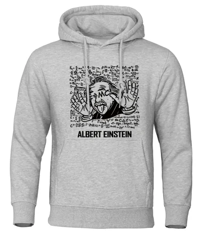 Felpa grigia con stampa di Albert Einstein che fa il gesto di "stop" con le mani, circondata da formule matematiche e scientifiche. Ideale per appassionati di scienza e cultura scientifica.