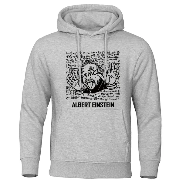 Felpa grigia con stampa di Albert Einstein che fa il gesto di "stop" con le mani, circondata da formule matematiche e scientifiche. Ideale per appassionati di scienza e cultura scientifica.