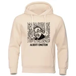 Felpa con grafica di Albert Einstein che fa il gesto di "shh" e scritte scientifiche sullo sfondo, perfetta per appassionati di scienza e umorismo.