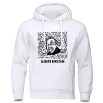 Felpa bianca con stampa di Albert Einstein che fa il gesto delle orecchie, design divertente e originale, perfetta per appassionati di scienza e cultura pop.