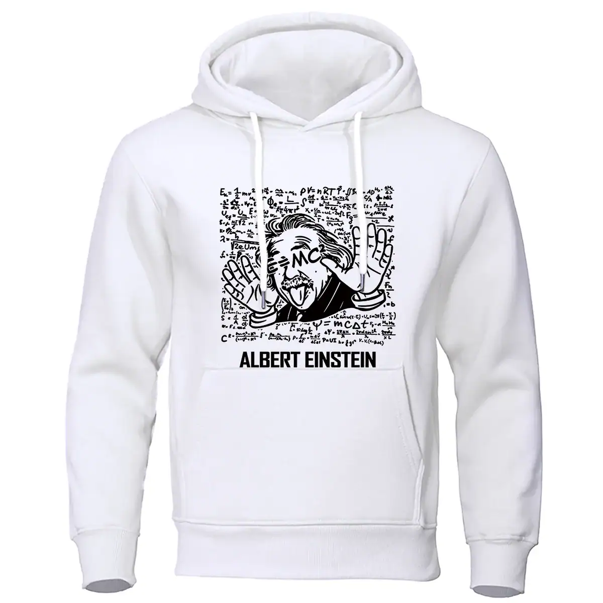 Felpa bianca con stampa di Albert Einstein che fa il gesto delle orecchie, design divertente e originale, perfetta per appassionati di scienza e cultura pop.