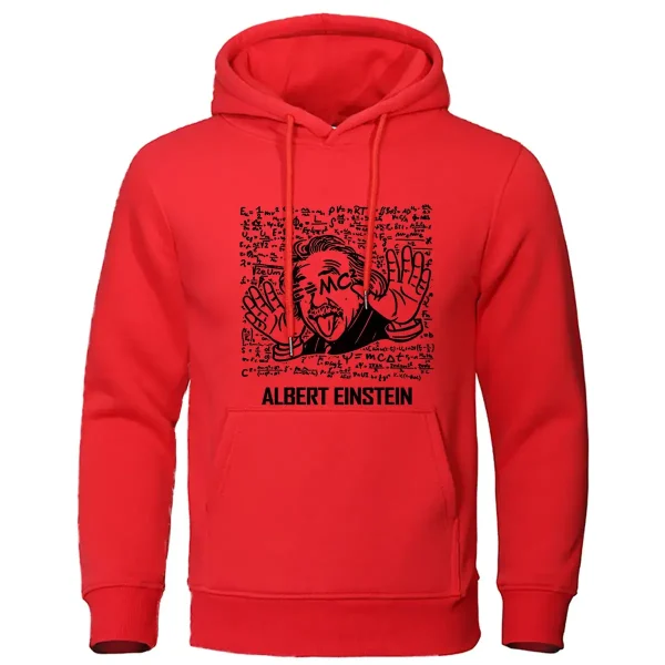 Piumino rosso con stampa di Albert Einstein, iconico scienziato, e dettagli grafici ispirati alla fisica e alla teoria della relatività, ideale per gli appassionati di scienza e moda.