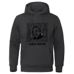 Felpa grigia con stampa di Albert Einstein, iconico scienziato, con dettagli grafici e testo. Perfetta per appassionati di scienza e cultura scientifica, ideale come regalo o abbigliamento casual.