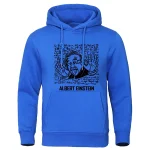 Felpa blu con stampa di Albert Einstein, formule matematiche e il suo volto stilizzato, ideale per appassionati di scienza e cultura scientifica.