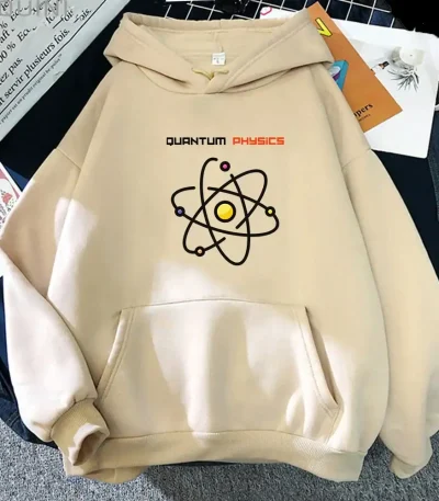 Felpa beige con grafica atomica e testo "Quantum Physics", ideale per appassionati di fisica e scienza.