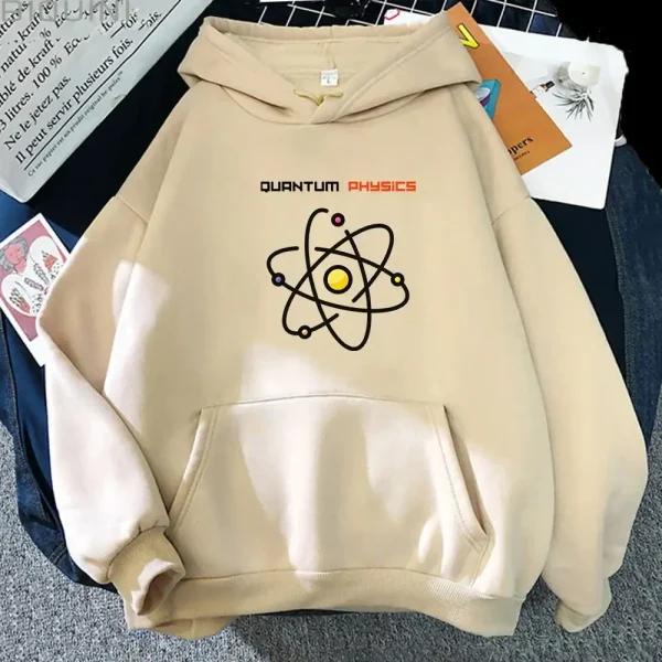 Felpa beige con grafica atomica e testo "Quantum Physics", ideale per appassionati di fisica e scienza.