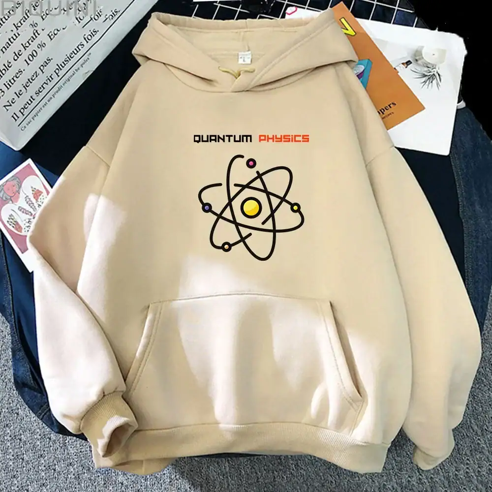 Felpa beige con grafica atomica e testo "Quantum Physics", ideale per appassionati di fisica e scienza.