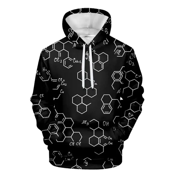 Felpa con stampa di formule chimiche e strutture molecolari, ideale per appassionati di scienza e chimica, perfetta per un look originale e scientifico.
