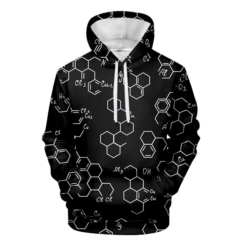 Felpa con stampa di formule chimiche e strutture molecolari, ideale per appassionati di scienza e chimica, perfetta per un look originale e scientifico.
