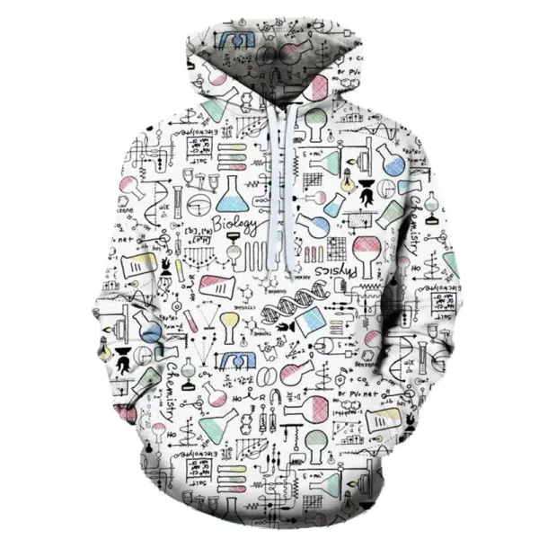 Felpa con stampa di strumenti e simboli scientifici, ideale per appassionati di scienza e biologia.