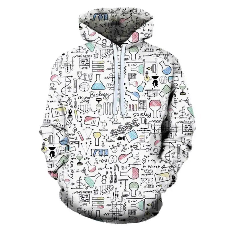 Felpa con stampa di strumenti e simboli scientifici, ideale per appassionati di scienza e biologia.