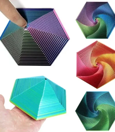 Piramidi colorate con effetto ottico 3D, decorazioni scientifiche e giochi visivi, perfette per appassionati di scienza e design, ideali come oggetti decorativi innovativi.