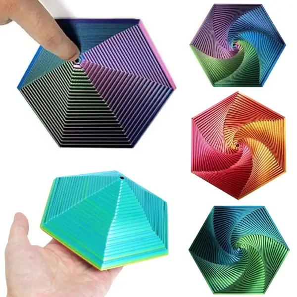 Piramidi colorate con effetto ottico 3D, decorazioni scientifiche e giochi visivi, perfette per appassionati di scienza e design, ideali come oggetti decorativi innovativi.