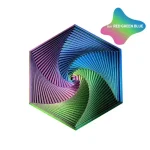 Struttura in acciaio satinato con design a spirale colorato, rappresenta un oggetto decorativo scientifico con sfumature di rosso, verde e blu.