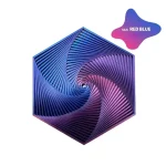 Oggetto decorativo scientifico in metallo con design a spirale, sfumature di blu e rosa, forma di piramide, ideale come decorazione originale e moderna.