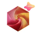 Oggetto decorativo a forma di pentagono con motivo a spirale in rosso oro, ideale come decorazione scientifica o da collezione.