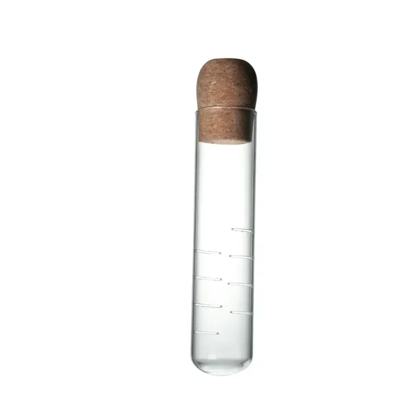 Pallina di sughero inserita in una provetta di vetro trasparente, utilizzata come oggetto decorativo scientifico.