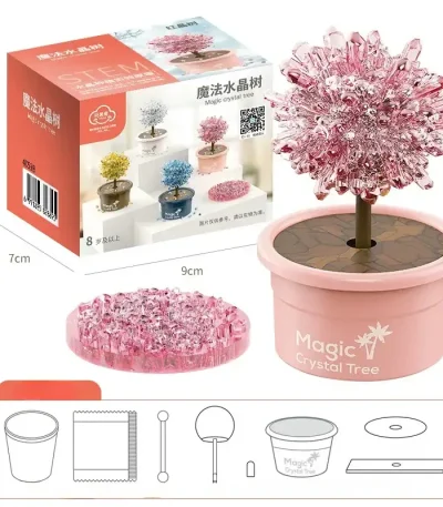 Albero di cristallo rosa in vaso decorativo, perfetto come oggetto scientifico e decorativo, con base in plastica e cristalli trasparenti che imitano un albero magico.