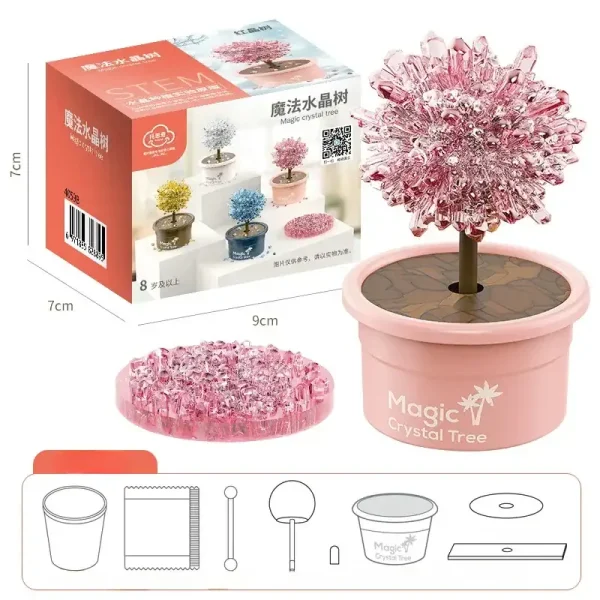 Albero di cristallo rosa in vaso decorativo, perfetto come oggetto scientifico e decorativo, con base in plastica e cristalli trasparenti che imitano un albero magico.