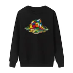 Maglietta nera con stampa di un cubo di Rubik che sembra galleggiare su un'onda colorata, stile psichedelico, perfetta per appassionati di giochi e design innovativi.