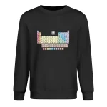 Maglione nero con stampa della tavola periodica degli elementi chimici, ideale come decorazione scientifica originale e moderna.