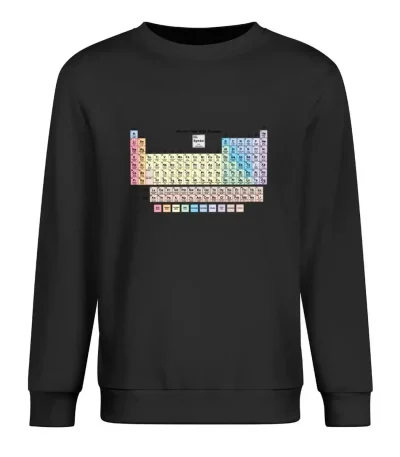 Maglione nero con stampa della tavola periodica degli elementi chimici, ideale come decorazione scientifica originale e moderna.