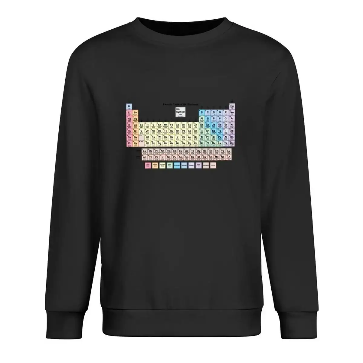 Maglione nero con stampa della tavola periodica degli elementi chimici, ideale come decorazione scientifica originale e moderna.