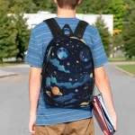 Ragazzo con zaino astronomico decorato con pianeti e stelle, che tiene libri, in un'area all'aperto. Perfetto per studenti appassionati di spazio e scienza.