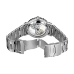 Orologio da uomo con cassa in acciaio e movimento scheletrato visibile, cinturino in metallo, elegante e moderno, perfetto come decorazione scientifica o oggetto di design.