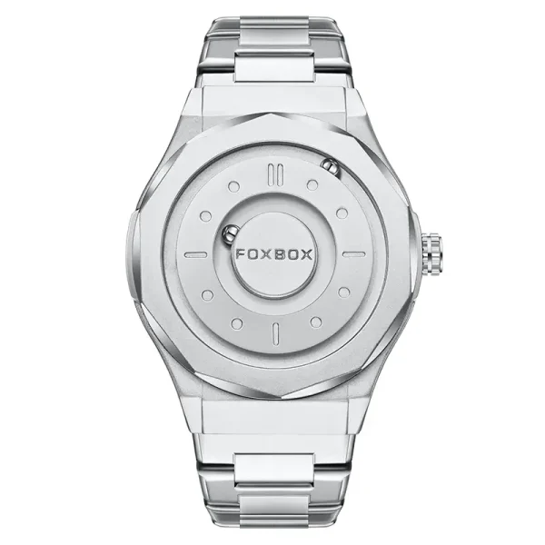 Orologio in stile scientifico con design minimalista, cassa in acciaio e cinturino metallico, perfetto come decorazione o oggetto da collezione scientifica.