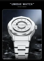 Orologio scientifico moderno senza specchio, design innovativo e elegante, con cassa in acciaio e cinturino in metallo, perfetto come decorazione o oggetto da collezione.