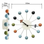 Orologio decorativo ispirato alla struttura di una molecola, con sfere colorate e linee metalliche, perfetto come oggetto di design scientifico e decorativo.