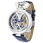 Orologio skeleton BEWELL con movimento automatico, cassa in acciaio e cinturino in pelle blu, mostra il meccanismo interno visibile, perfetto come decorazione scientifica e accessorio di stile.