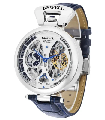 Orologio skeleton BEWELL con movimento automatico, cassa in acciaio e cinturino in pelle blu, mostra il meccanismo interno visibile, perfetto come decorazione scientifica e accessorio di stile.
