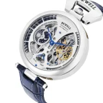 Orologio skeleton automatic con movimento visibile, cassa in acciaio e cinturino in pelle blu, perfetto come decorazione scientifica e oggetto di design innovativo.