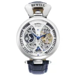 Orologio Bewell con design ispirato alla scienza, movimento visibile e dettagli intricati, perfetto per appassionati di tecnologia e stile.