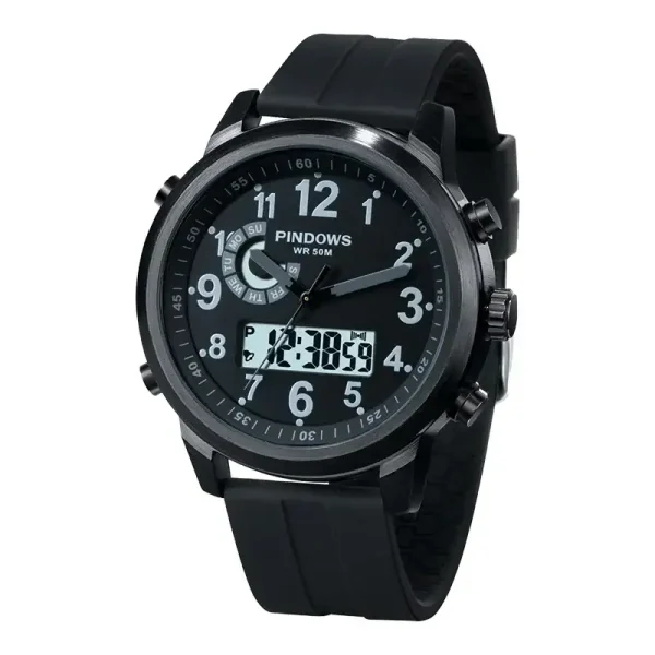 Orologio PINDOWS con display digitale e lancette analogiche, resistente all'acqua fino a 50 metri, perfetto per attività sportive e uso quotidiano.